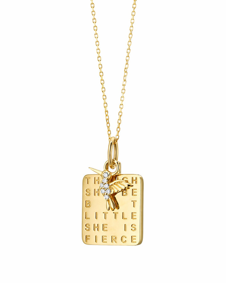 18K Yellow Gold Square Charm with Quote "THOUGH SHE BE BUT LITTLE SHE IS FIERCE" and Hanging Diamond Hummingbird