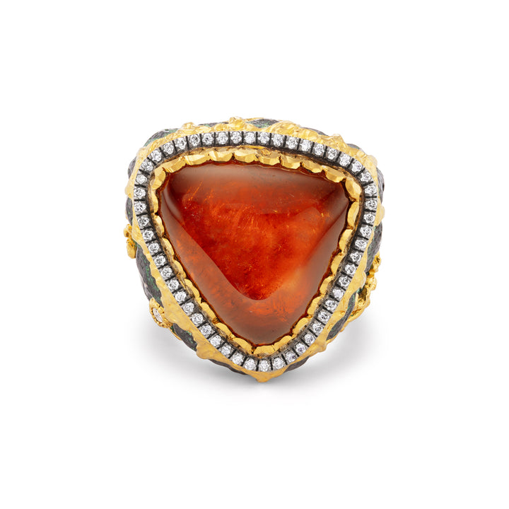 24K Yellow Gold, Silver,  Spessartite Garnet & Diamond Ring