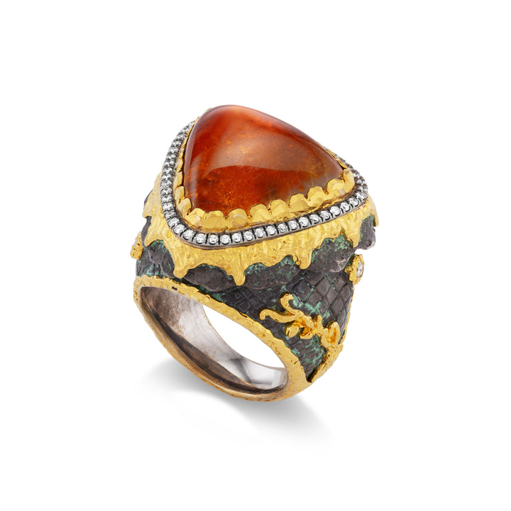 24K Yellow Gold, Silver,  Spessartite Garnet & Diamond Ring