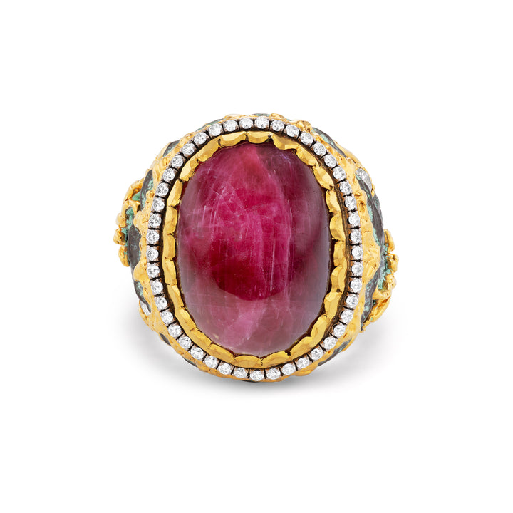 24K Yellow Gold, Silver, Cabochon Ruby & Diamond Ring