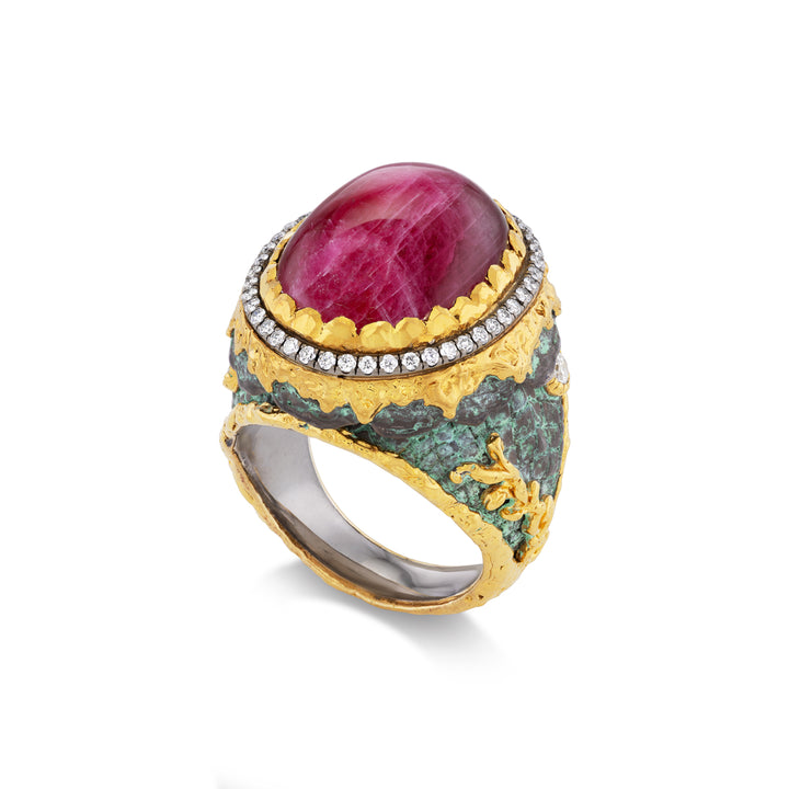 24K Yellow Gold, Silver, Cabochon Ruby & Diamond Ring