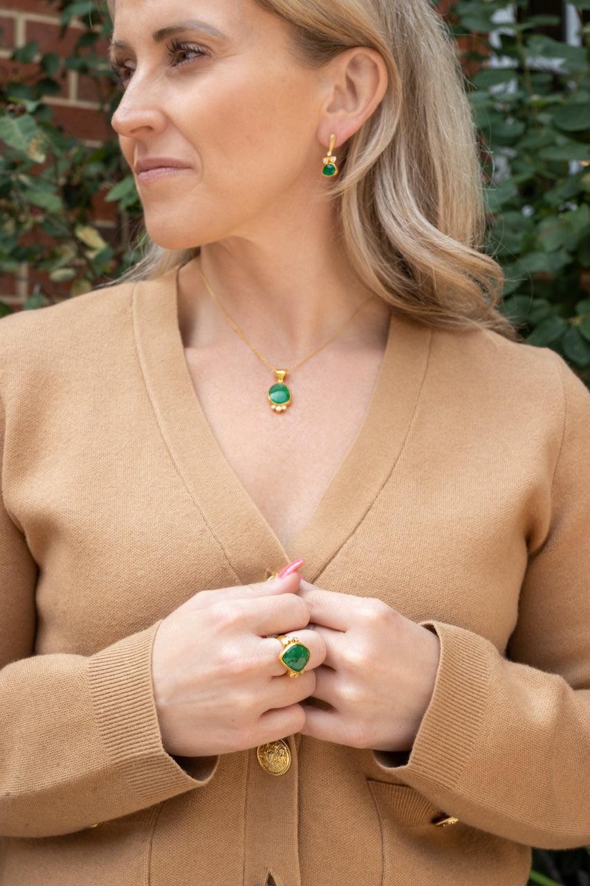 24K Yellow Gold Rose Cut Emerald and Diamond Ring