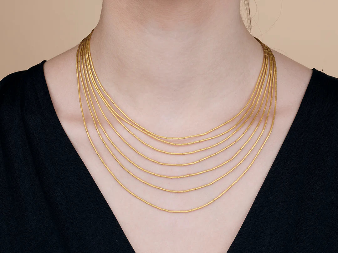 24K Yellow Gold Graduated 7-Strand Necklace with Drizzle Beads