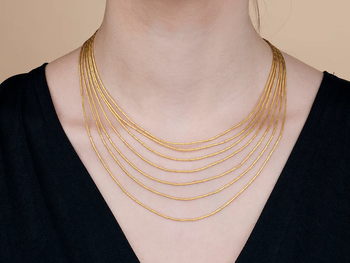 24K Yellow Gold Graduated 7-Strand Necklace with Drizzle Beads