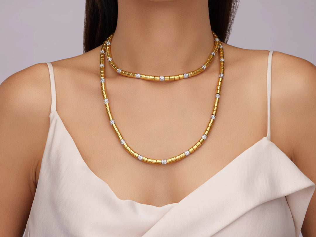 Vertigo 24K Gold Diamond Statement Beaded Necklace, Hand-Hammered Beads & Pavé Diamond Stations,