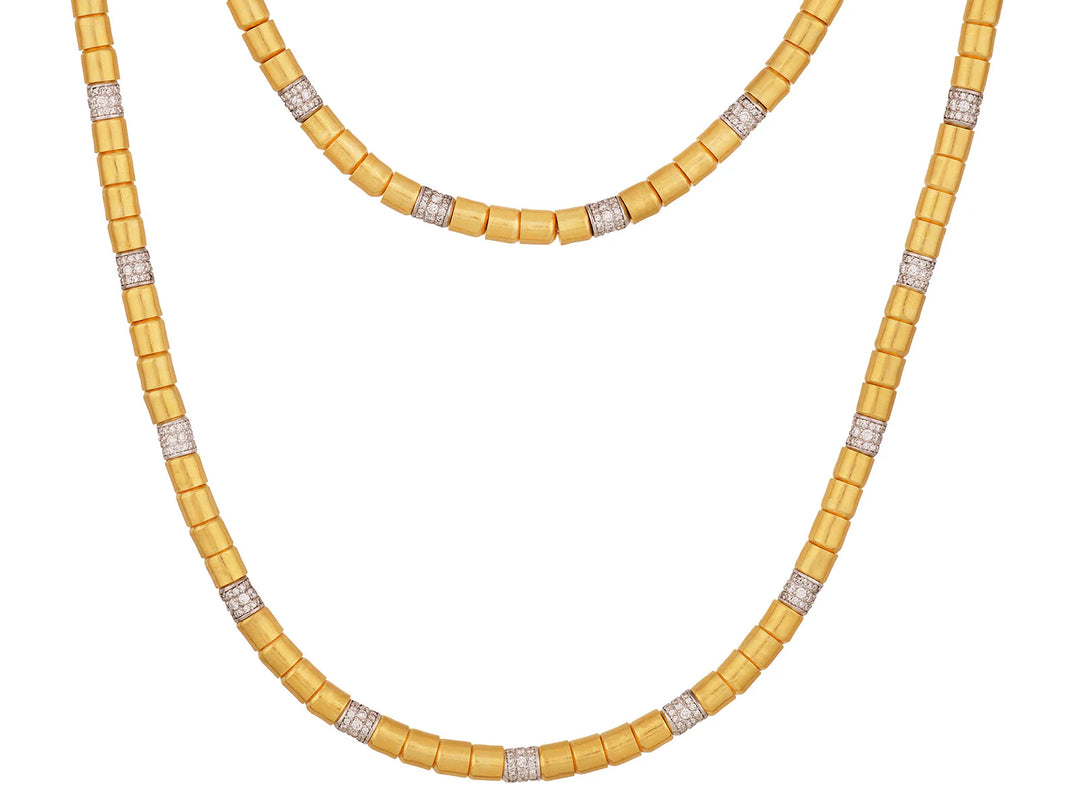 Vertigo 24K Gold Diamond Statement Beaded Necklace, Hand-Hammered Beads & Pavé Diamond Stations,
