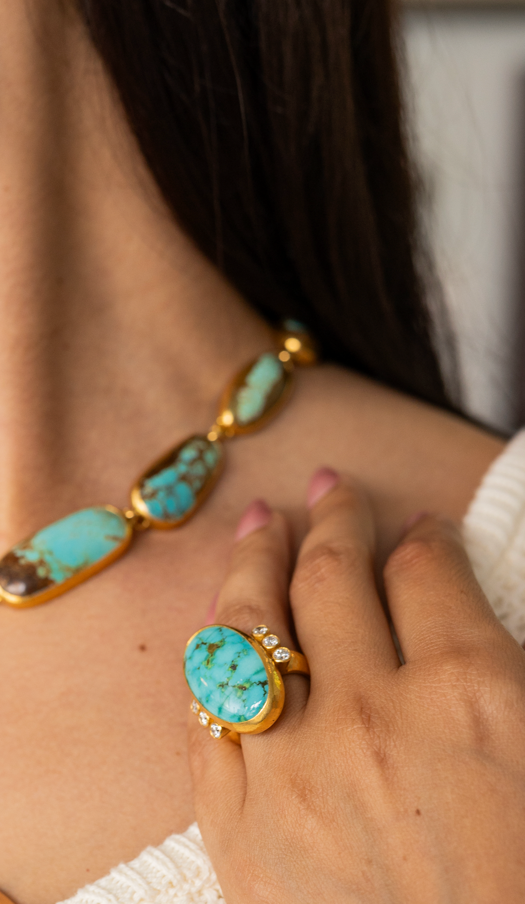 One of a Kind 24K Yellow Gold , Turquoise  &  Diamond Oval Ring