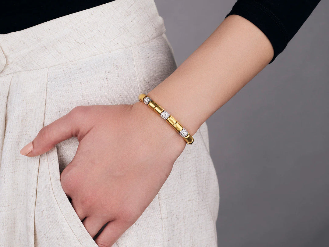 24K Yellow Gold 6.5 mm Single Strand Vertigo Bracelet with Pave Set Diamonds