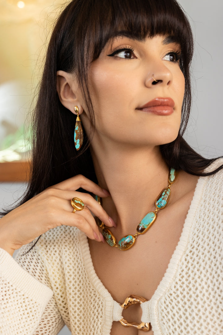 One of a Kind 24K/22K Yellow Gold & Turquoise in The Matrix  Drop Earrings