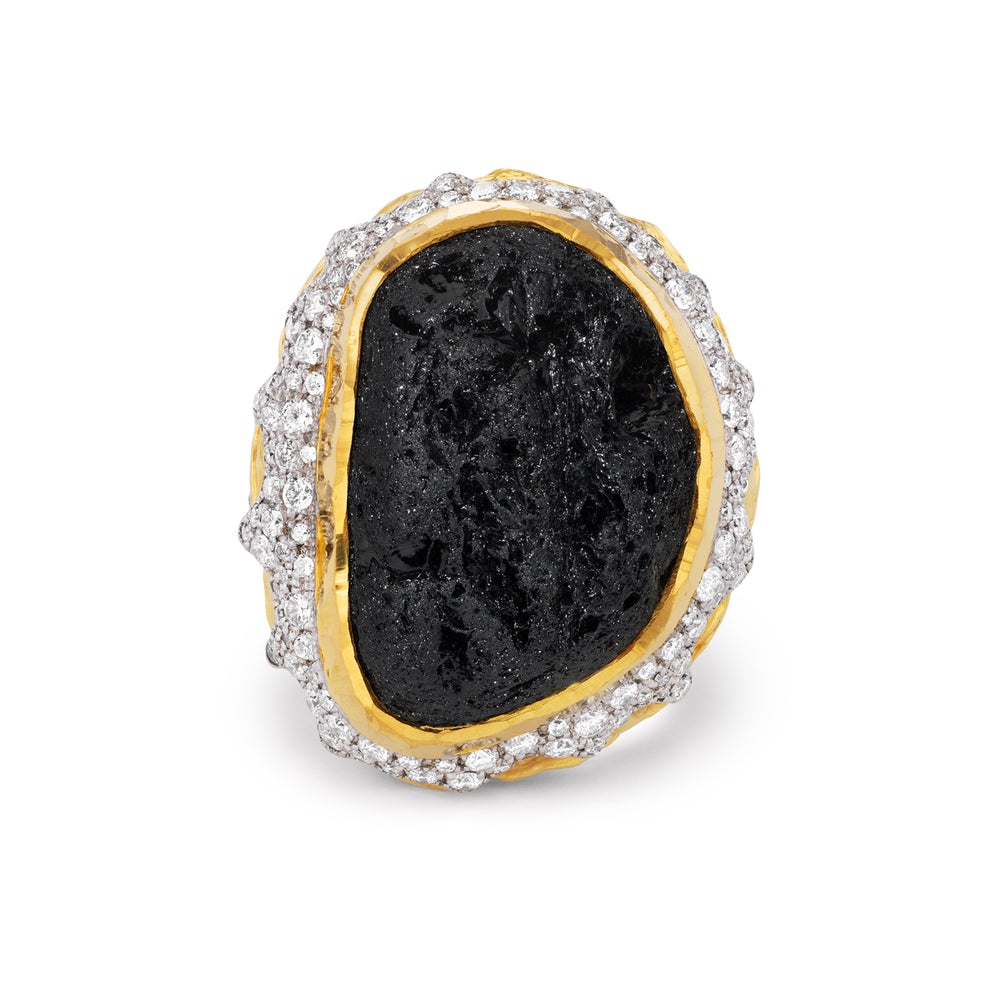 24K and 18K Yellow Gold,  Black Tourmaline & Diamond Ring