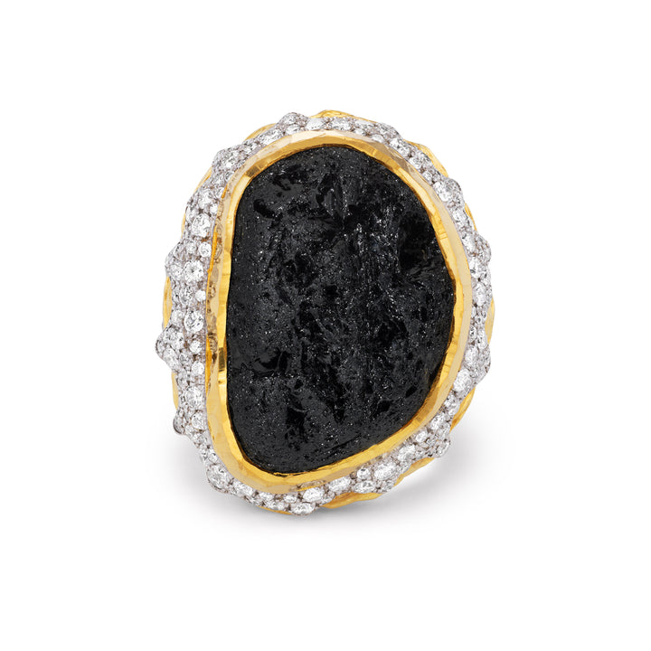 24K and 18K Yellow Gold,  Black Tourmaline & Diamond Ring