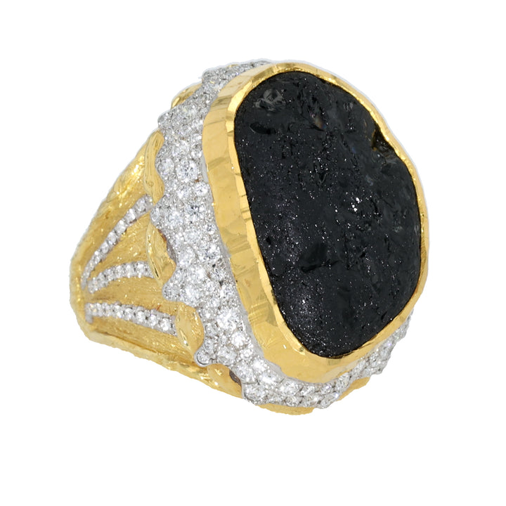 24K and 18K Yellow Gold,  Black Tourmaline & Diamond Ring Side Close