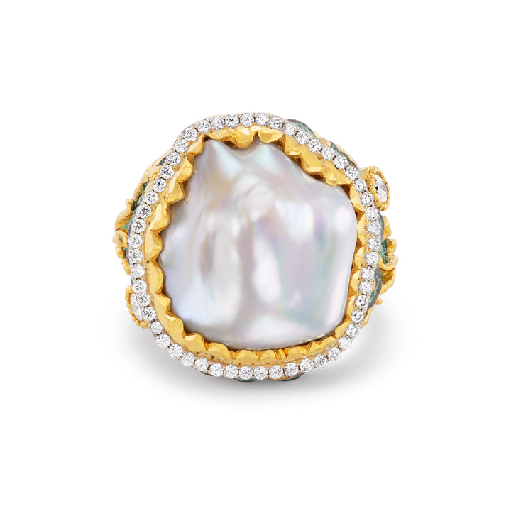 24K &18K Yellow Gold,  Silver,  Pearl & Diamond Ring