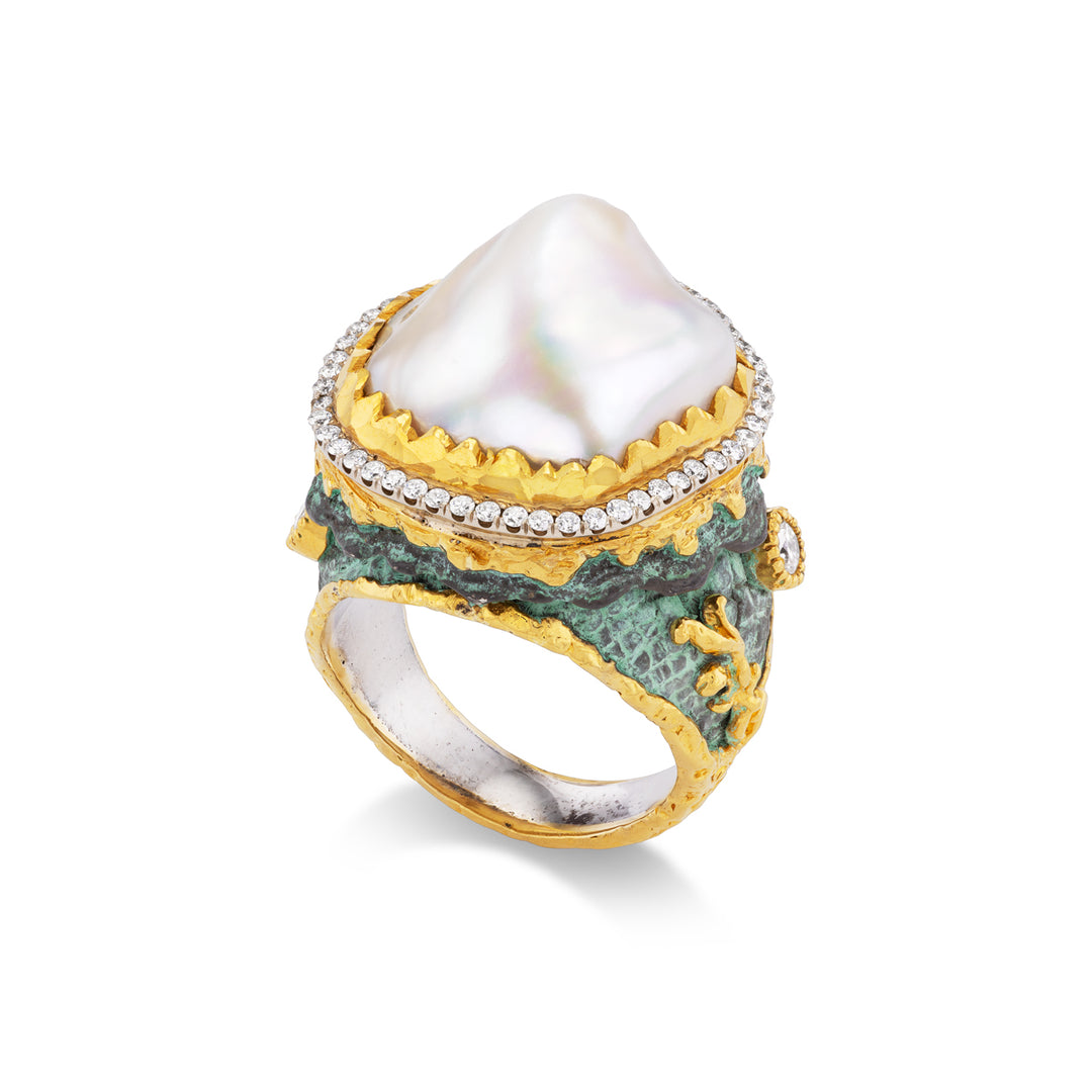 24K &18K Yellow Gold,  Silver,  Pearl & Diamond Ring
