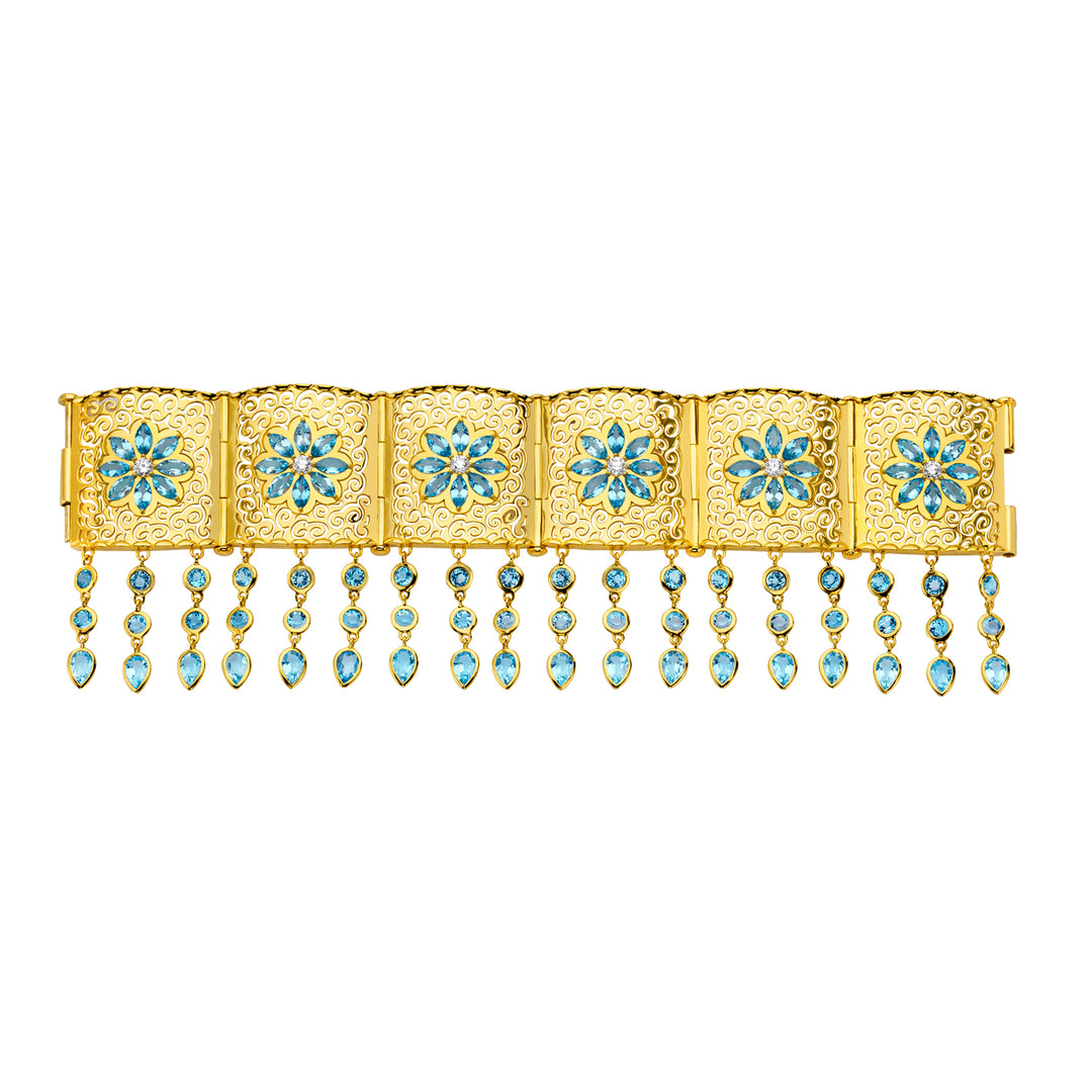 20K Yellow Gold Swiss Blue Topaz and Diamond Mandala Bracelet