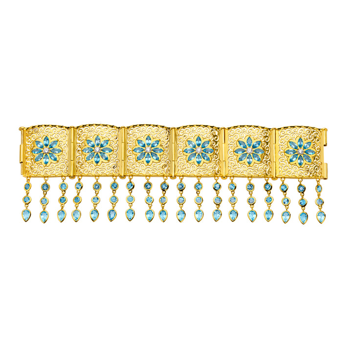 20K Yellow Gold Swiss Blue Topaz and Diamond Mandala Bracelet