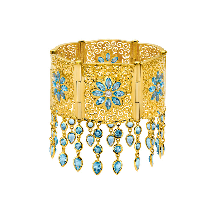 20K Yellow Gold Swiss Blue Topaz and Diamond Mandala Bracelet