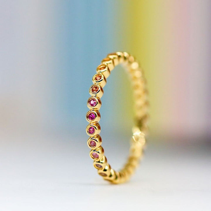 18K Yellow Gold Rainbow Sapphire Mini Bezel Eternity Band