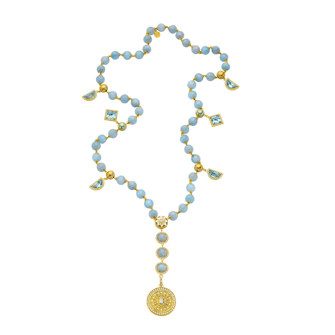 20K Yellow Gold Mandala Aquamarine and Diamond Necklace