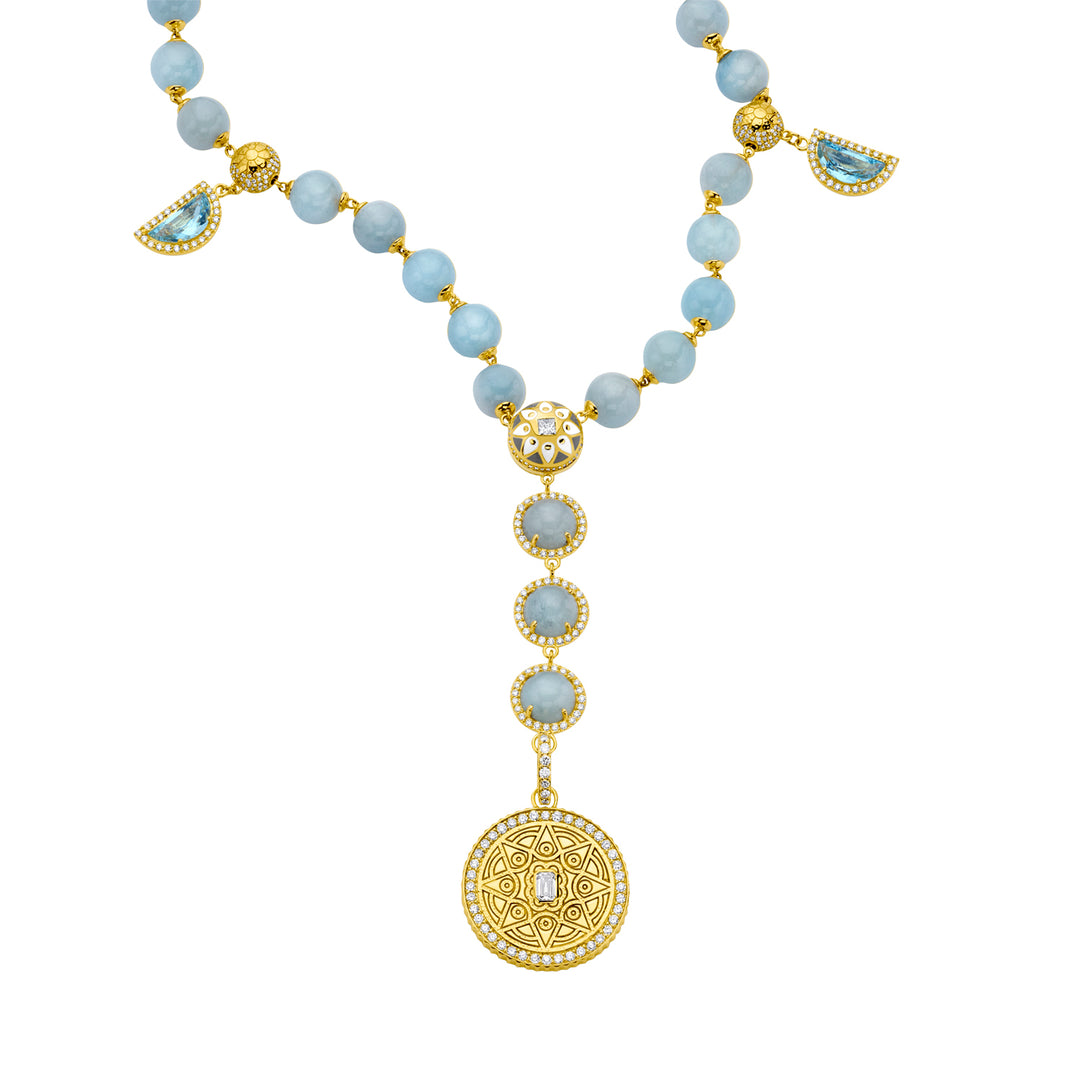 20K Yellow Gold Mandala Aquamarine and Diamond Necklace