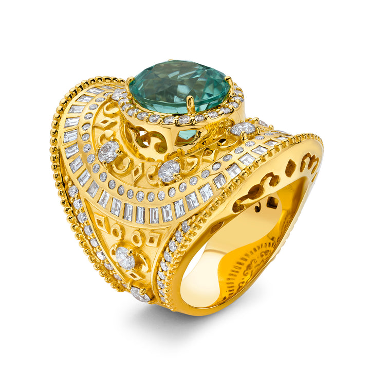 20K Yellow Gold Green Tourmaline and Diamond Wrap Ring