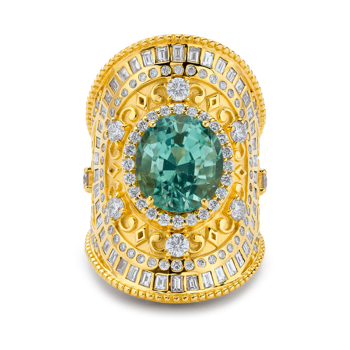 20K Yellow Gold Green Tourmaline and Diamond Wrap Ring