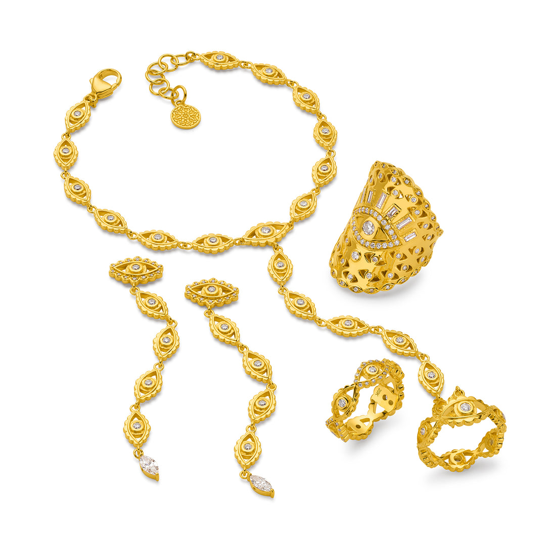 20K Yellow Gold & Diamond Scalloped Evil Eye Finger Bracelet