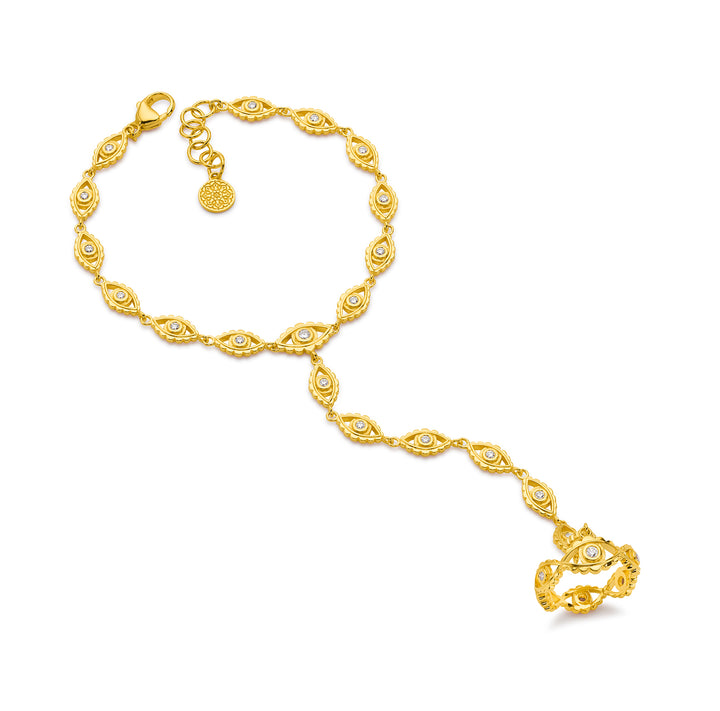 20K Yellow Gold & Diamond Scalloped Evil Eye Finger Bracelet