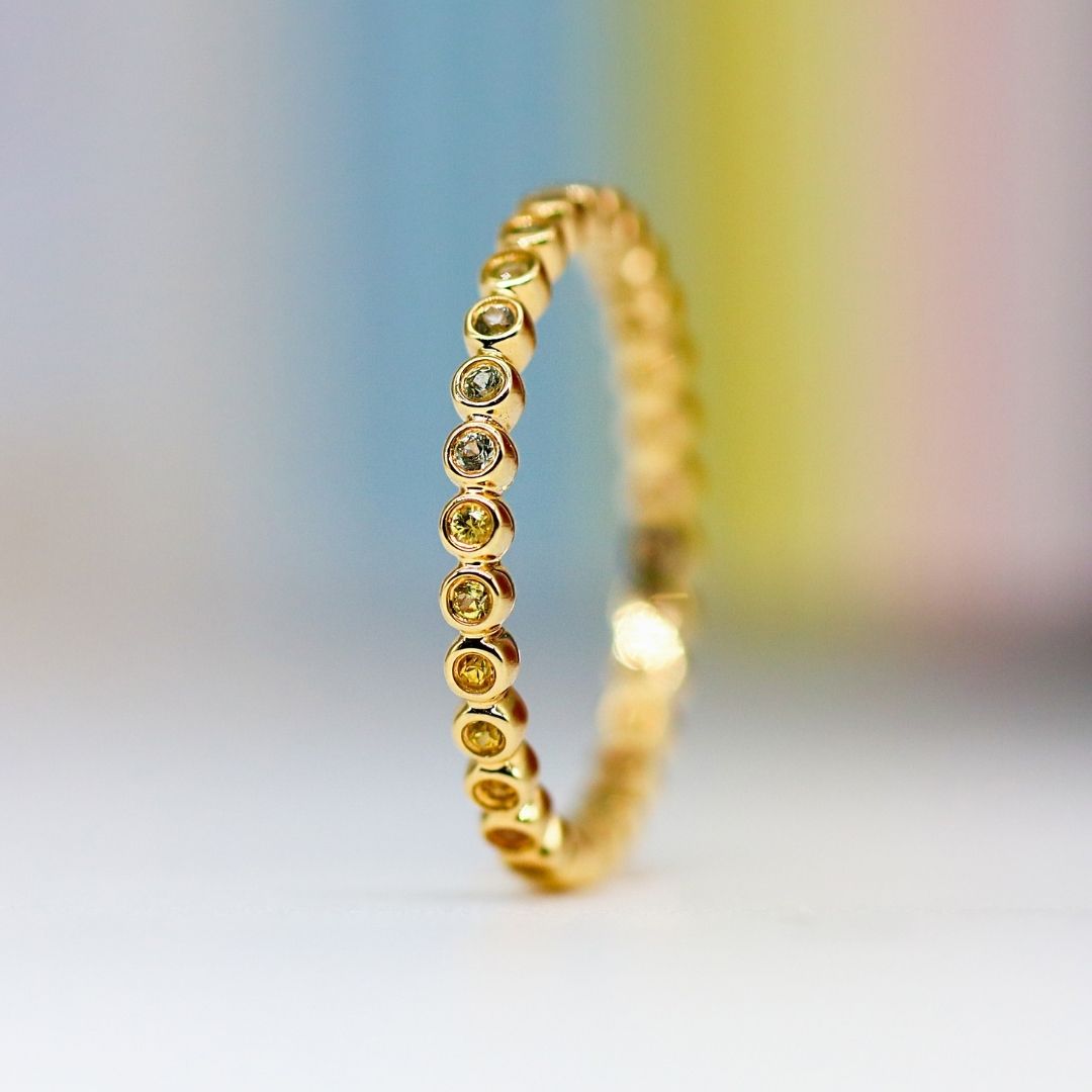 18K Yellow Gold Rainbow Sapphire Mini Bezel Eternity Band