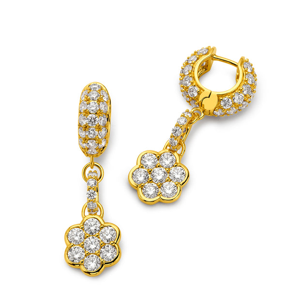 20K Yellow Gold Flower Huggie Diamond Drop Earrings