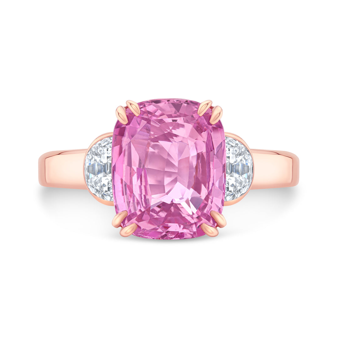 18K Rose Gold Ring with 6.06 ct Cushion Pink Sapphire, Half-Moon Diamonds  and a Radiant Light Pink Diamond on Back.