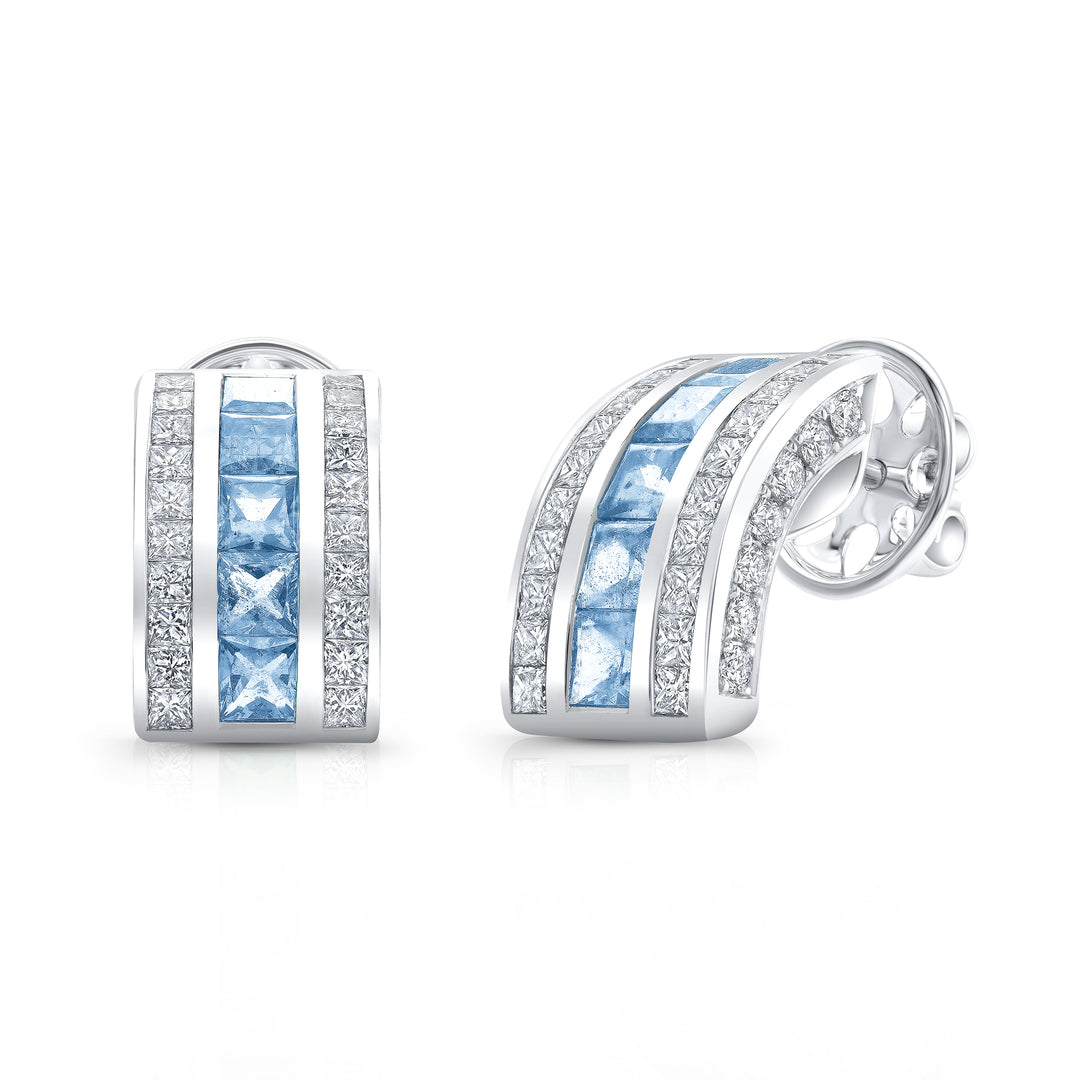 Platinum Masterpiece Earrings with Square Light Blue Sapphires and French Cut Diamonds