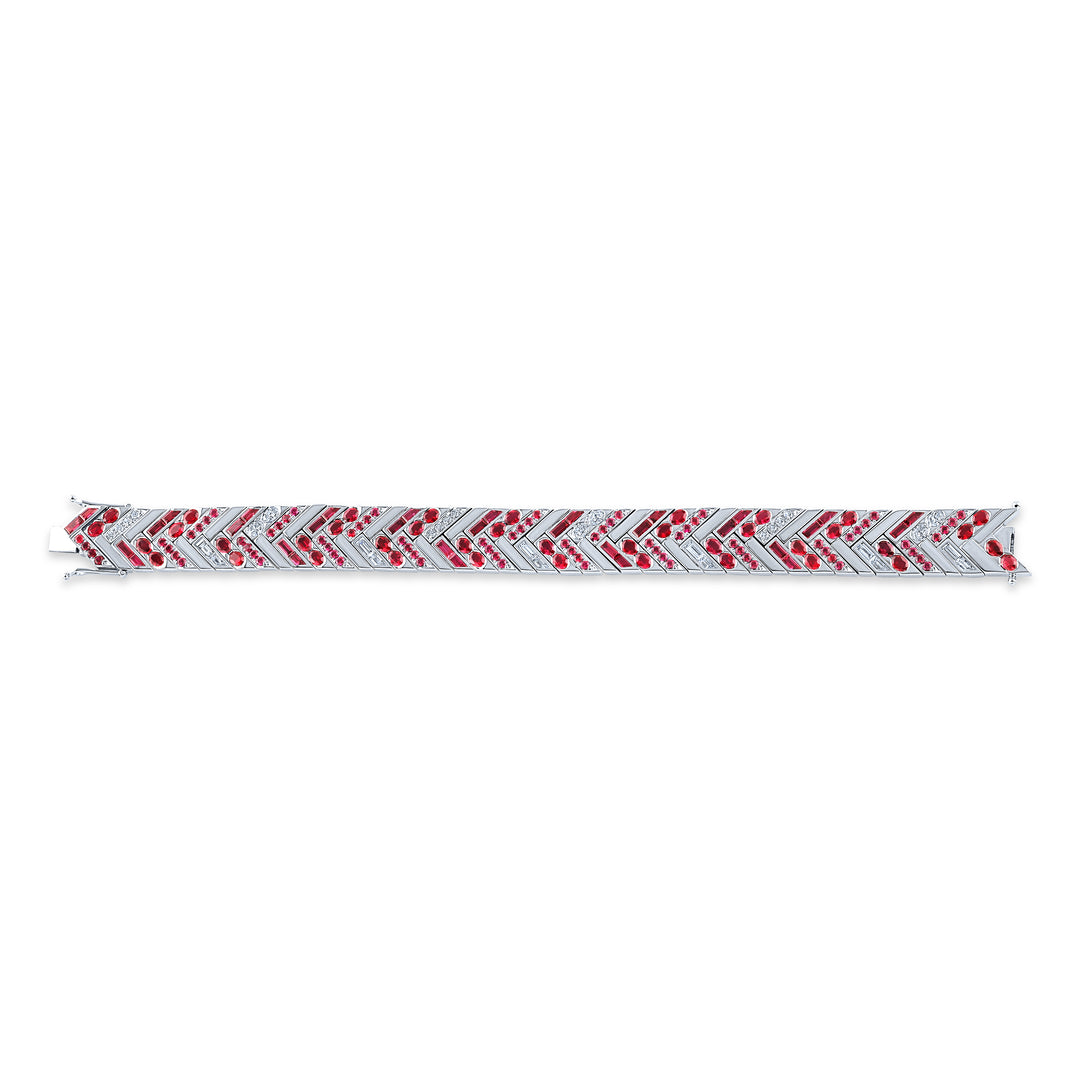 Platinum Masterpiece Chevron Chic Bracelet with Mixed Cut Rubies and Diamonds
