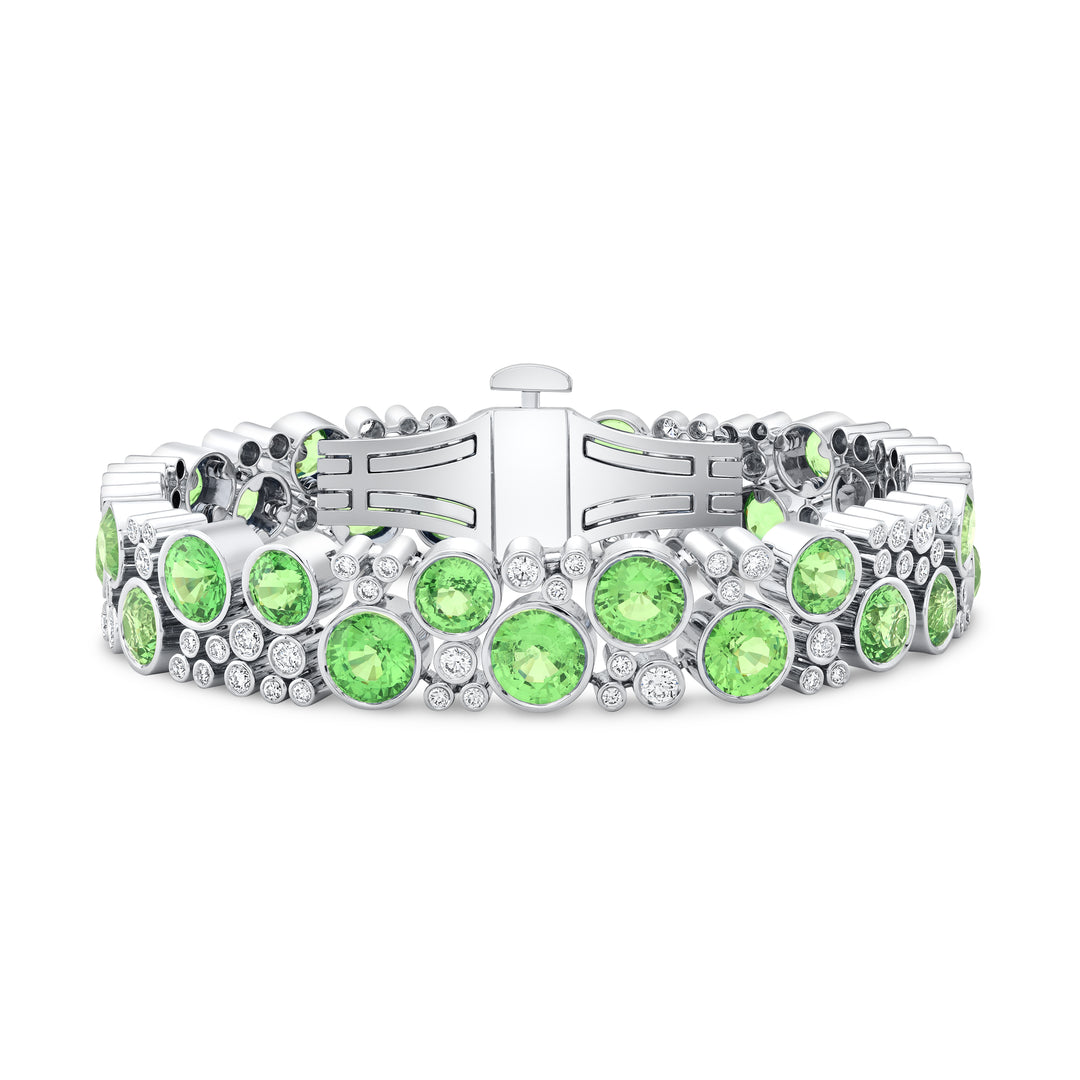 18K White Gold Grand De La Vie Bracelet with Round Tsavorite Garnets and Round Brilliant Cut Diamonds