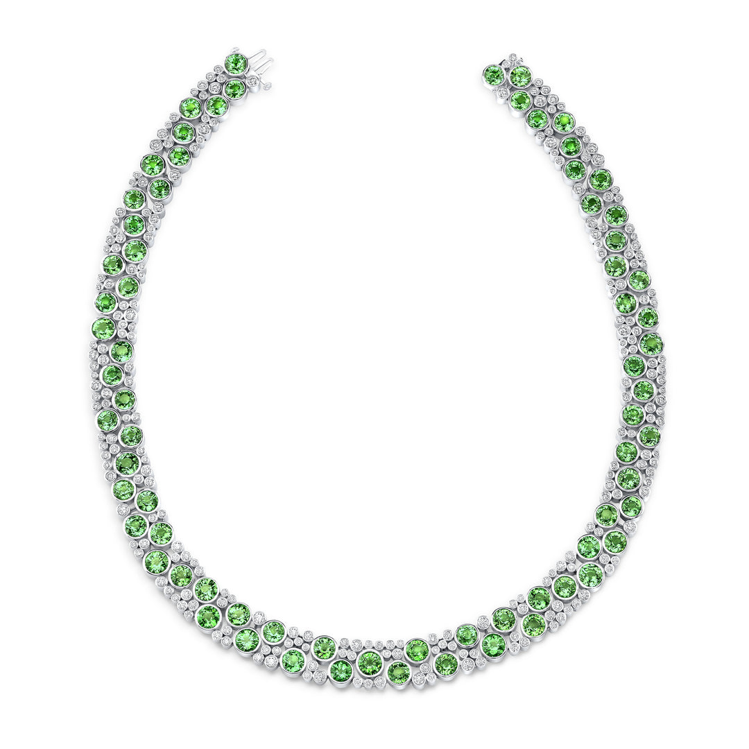 18K White Gold Grand De La Vie Necklace with Round Tsavorite Garnets and Round Brilliant Cut Diamonds