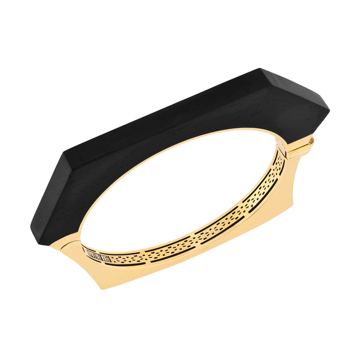 18K Yellow Gold Carved Ebony Hexagon Bangle Bracelet