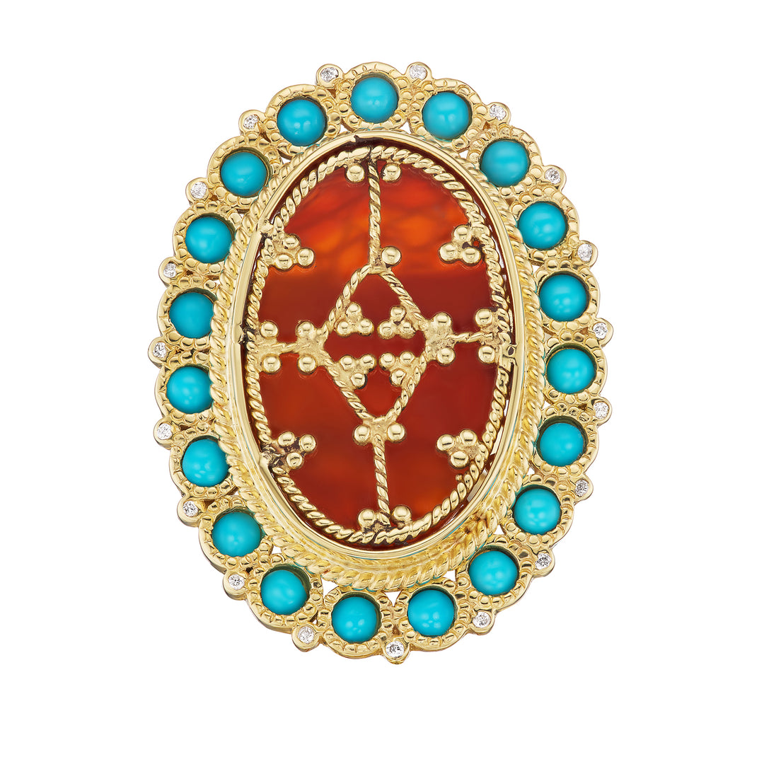 18K Yellow Gold Carnelian, Turquoise and Diamond Silk Road Ring