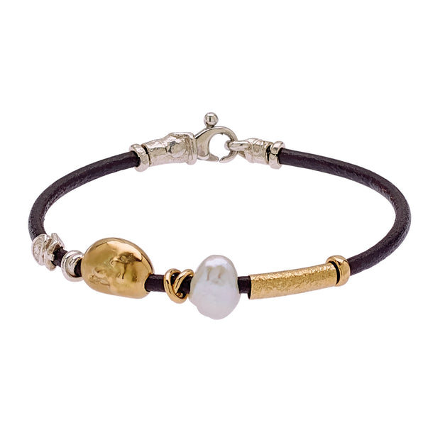18K Yellow Gold and Silver Leather Single Pearl Bracelet