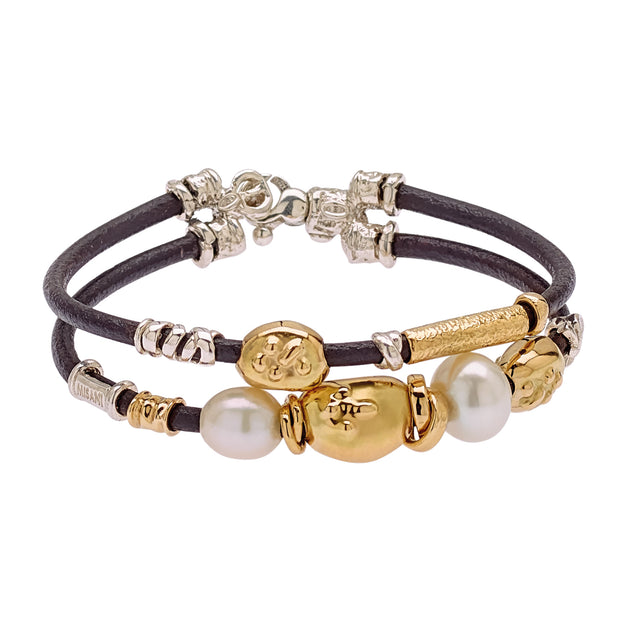 18K Yellow Gold and Silver Double Strand Leather Pearl Bracelet