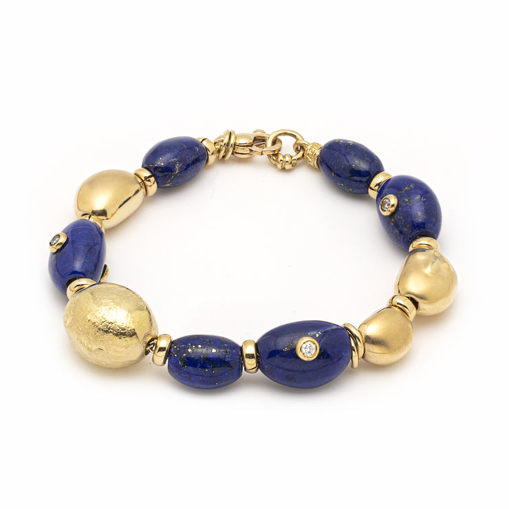 18K Yellow Gold Lapis and Diamond Bracelet