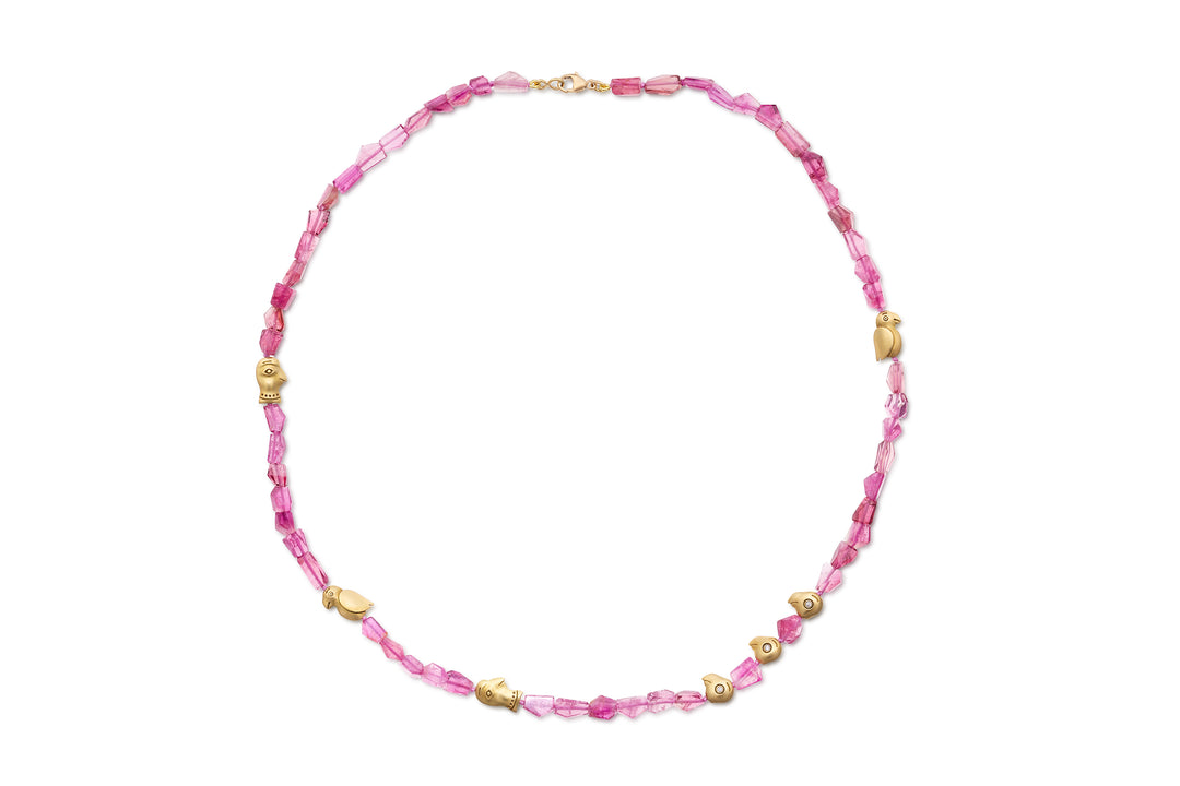 18K Yellow Gold & Pink Tourmaline "Fable Animals and Strange Characters" Beaded Necklace