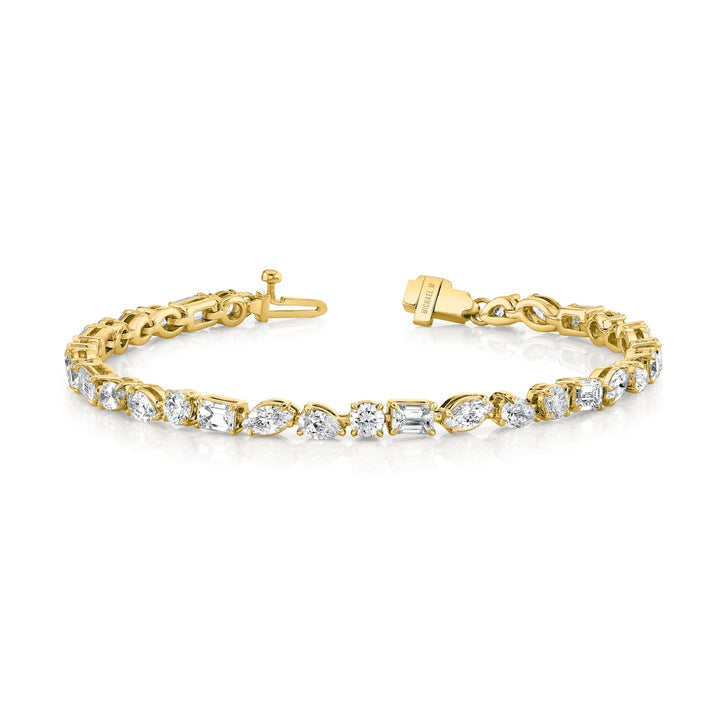 18K Yellow Gold Montage Tennis Bracelet with Round, Marquise, Emerald & Pear Shaped DIamonds