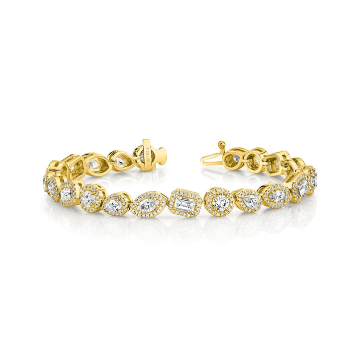 18K Yellow Gold Montage Cluster Stud Halo Tennis Bracelet with Round, Marquise, Emerald & Pear Shaped Diamonds