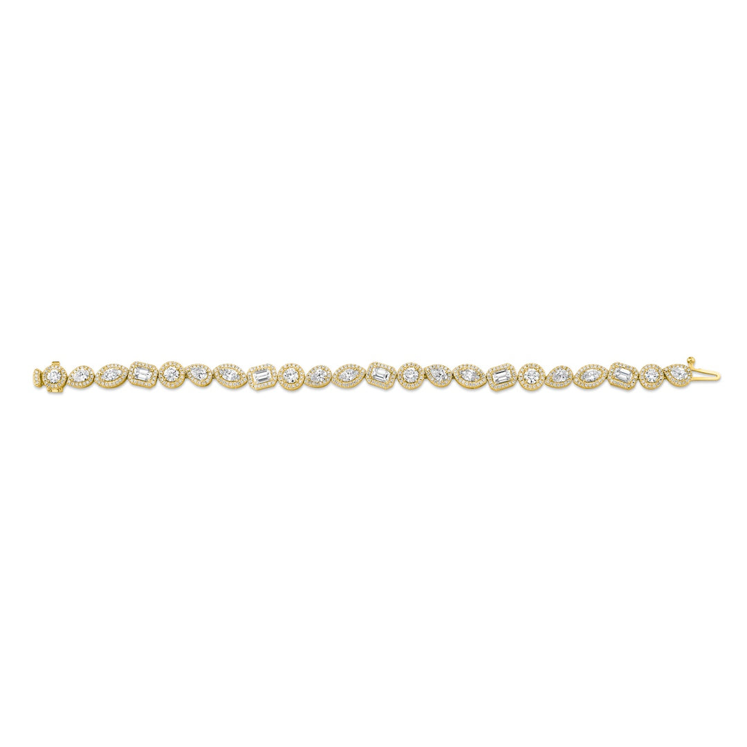 18K Yellow Gold Montage Cluster Stud Halo Tennis Bracelet with Round, Marquise, Emerald & Pear Shaped Diamonds
