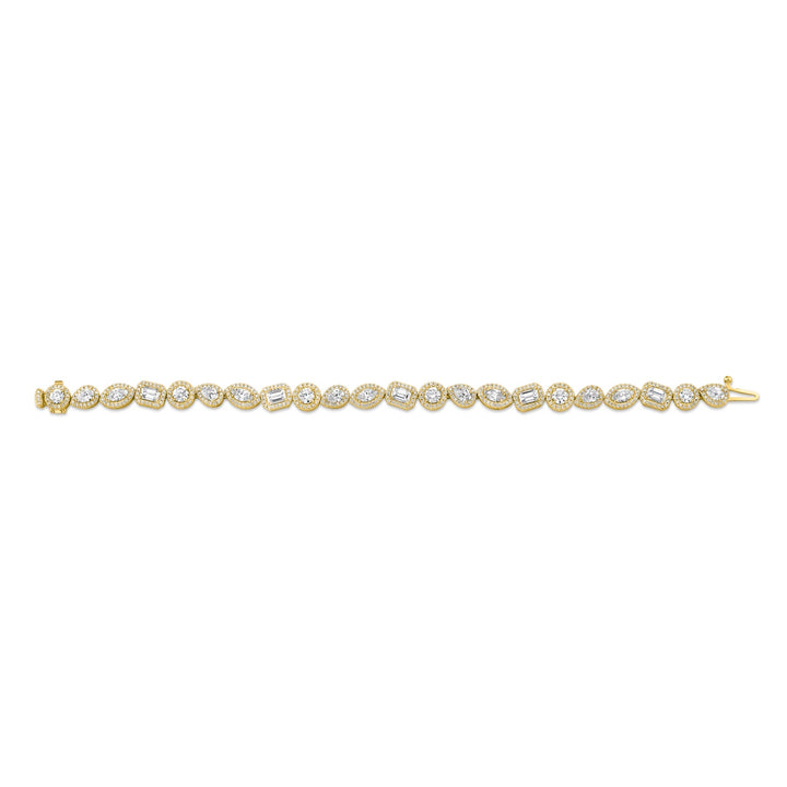 18K Yellow Gold Montage Cluster Stud Halo Tennis Bracelet with Round, Marquise, Emerald & Pear Shaped Diamonds