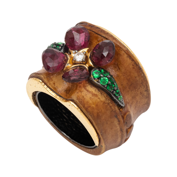 Blossoming Bamboo Ring with Pink Tourmaline, Diamond & Tsavorite