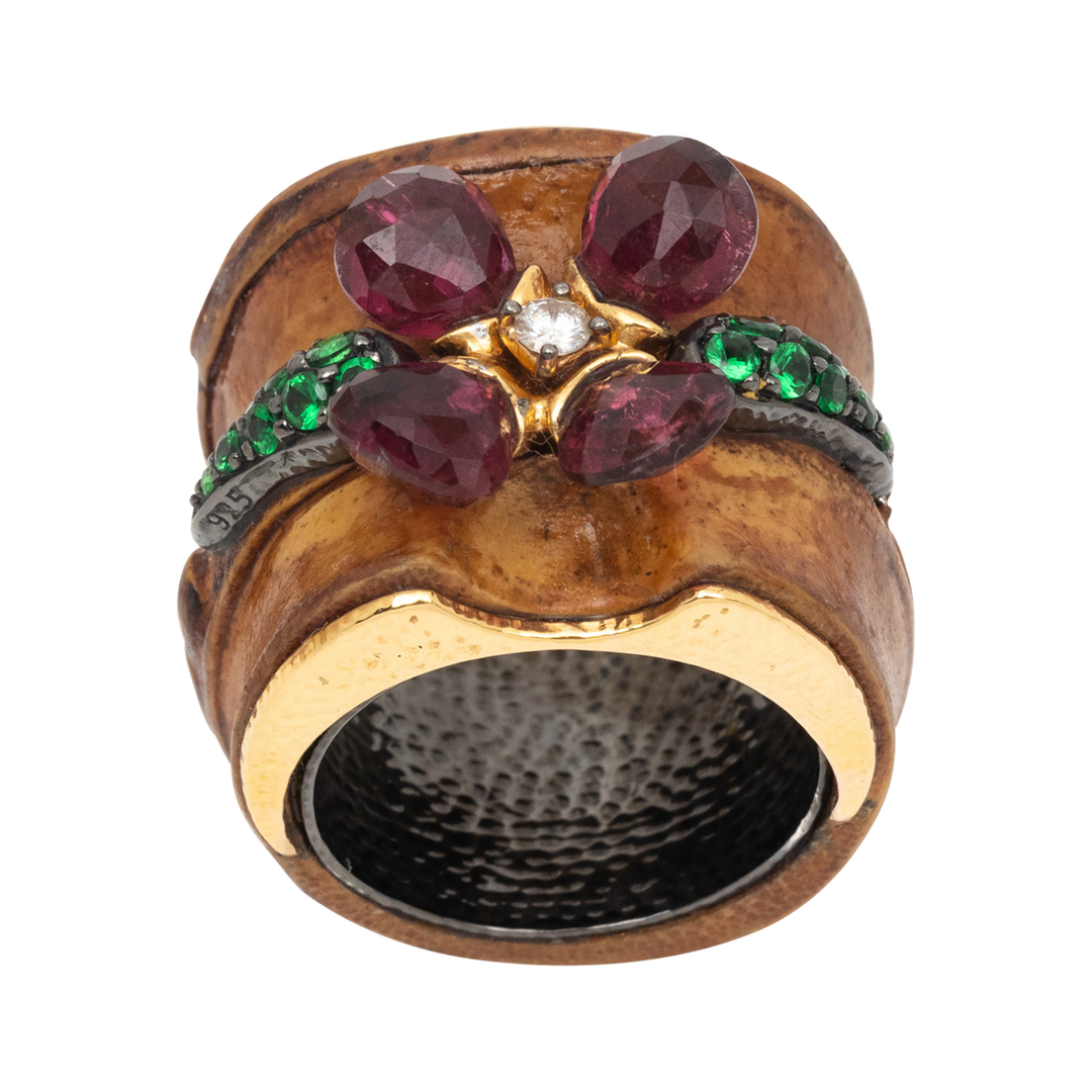 Blossoming Bamboo Ring with Pink Tourmaline, Diamond & Tsavorite