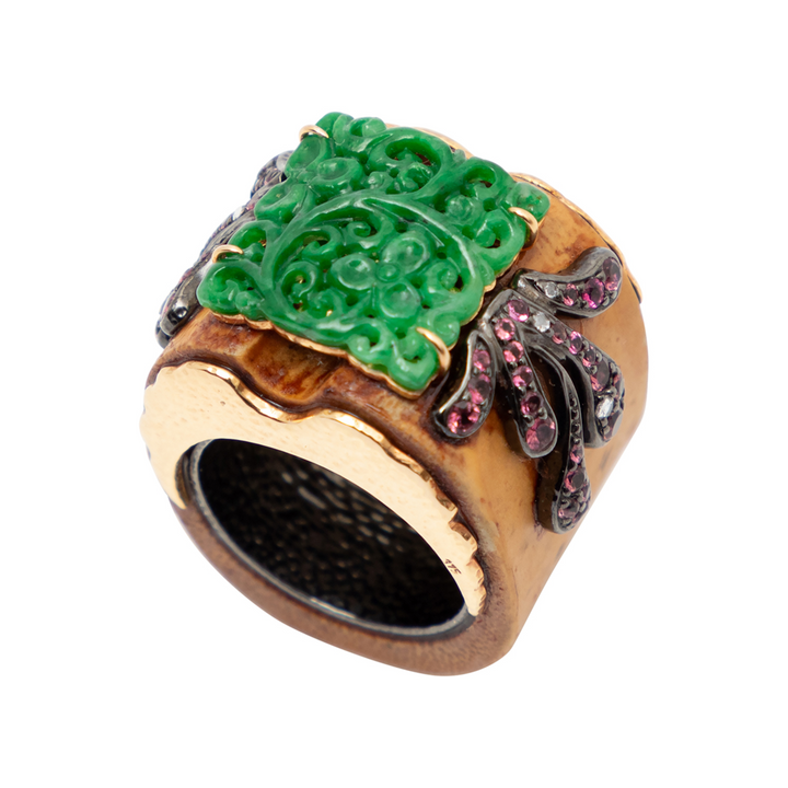 Carved Burmese Jade Bamboo Ring with Pink Tourmaline & Diamonds