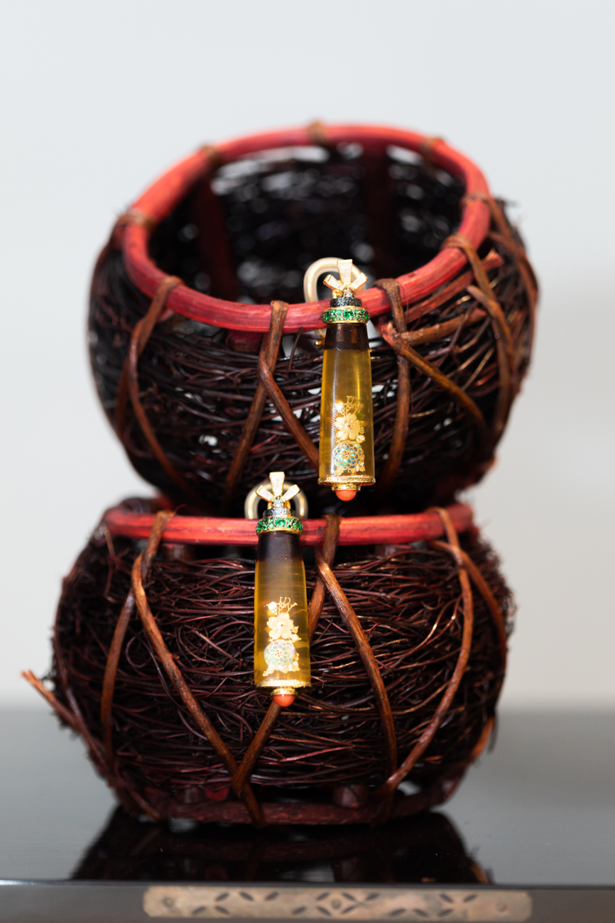 One of a Kind, Blooming Flower Bud Raden Lacquer Earrings