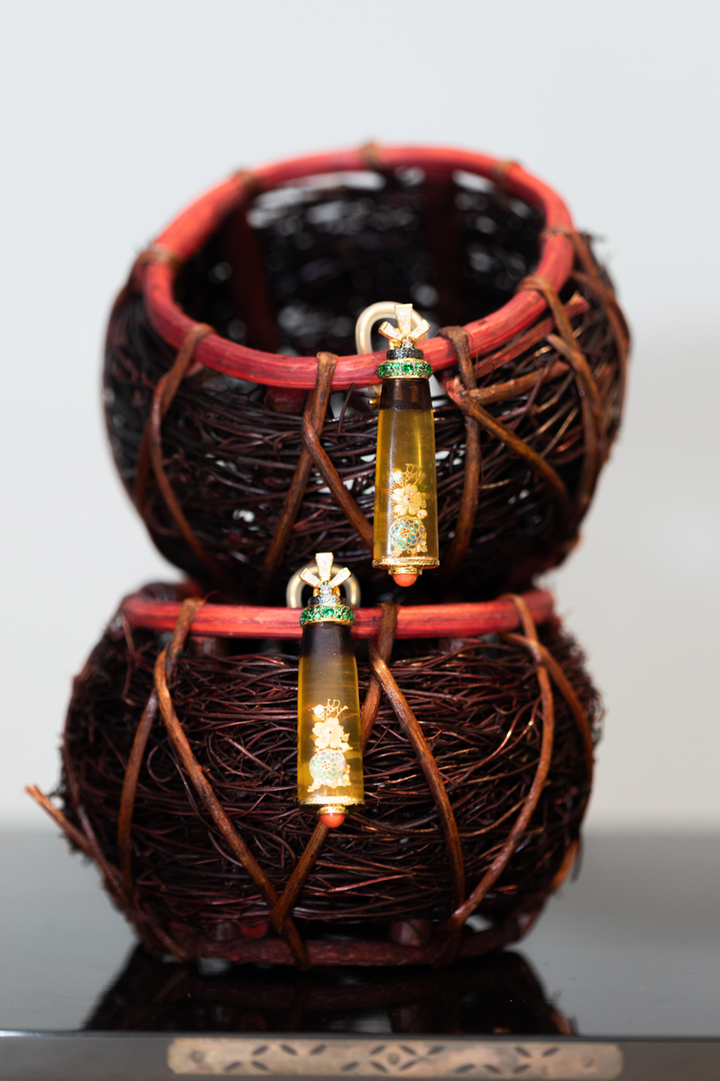 One of a Kind, Blooming Flower Bud Raden Lacquer Earrings